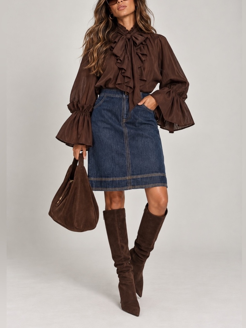 Boden High-Waisted Dark Denim with Brown Stich Detailing A-Line Midi Skirt Sz 2R